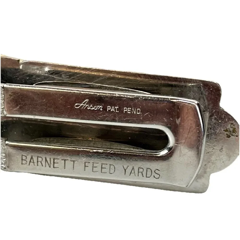VTG ANSON Silver Tone Belt Buckle Money Clip BARNET FEED YARDS Mid Century USA